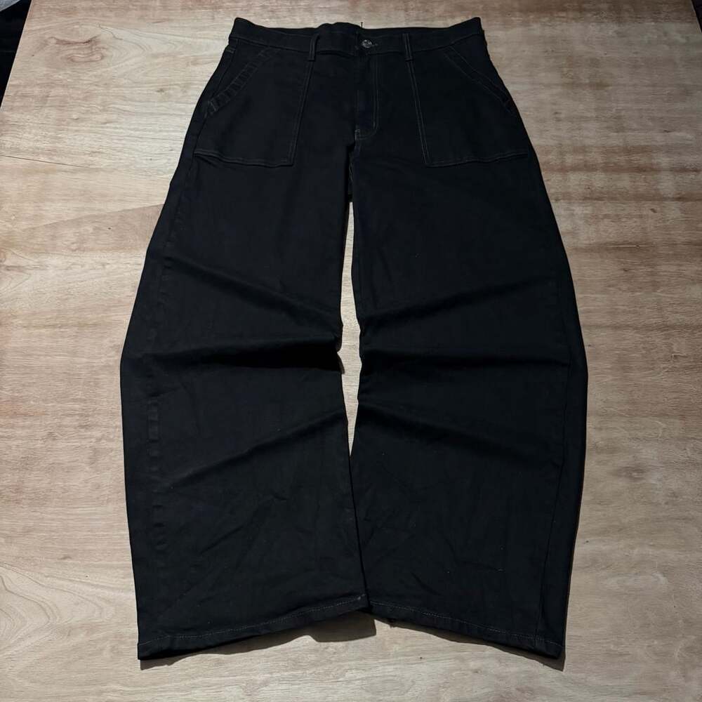 Black Baggy Wide Leg Denim Jeans Distressed Hem Utility Pocket 36x30 - Picture 1 of 5